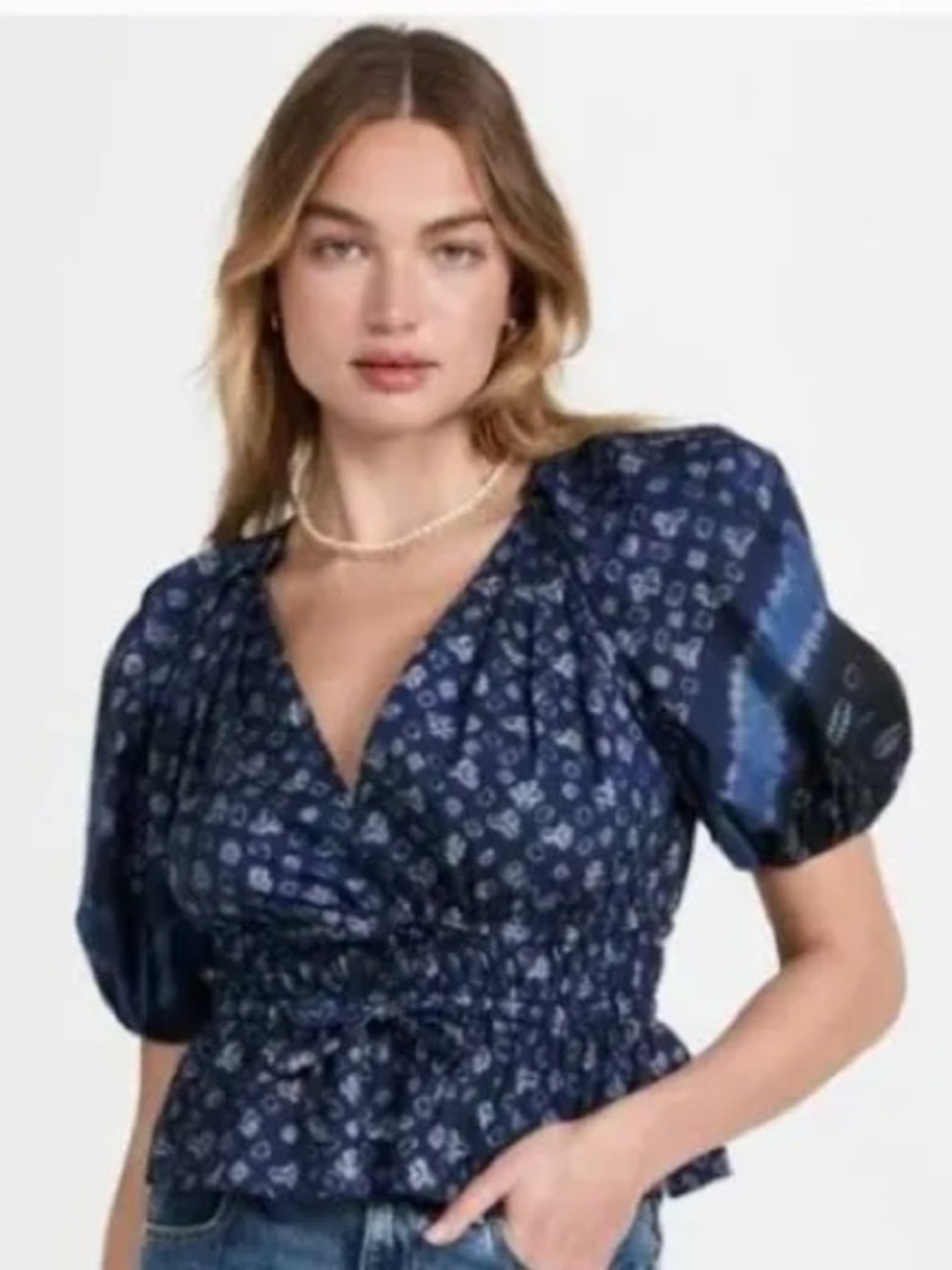 Ulla Johnson Navy and Light Blue Printed INES V-Neck Peplum Blouse